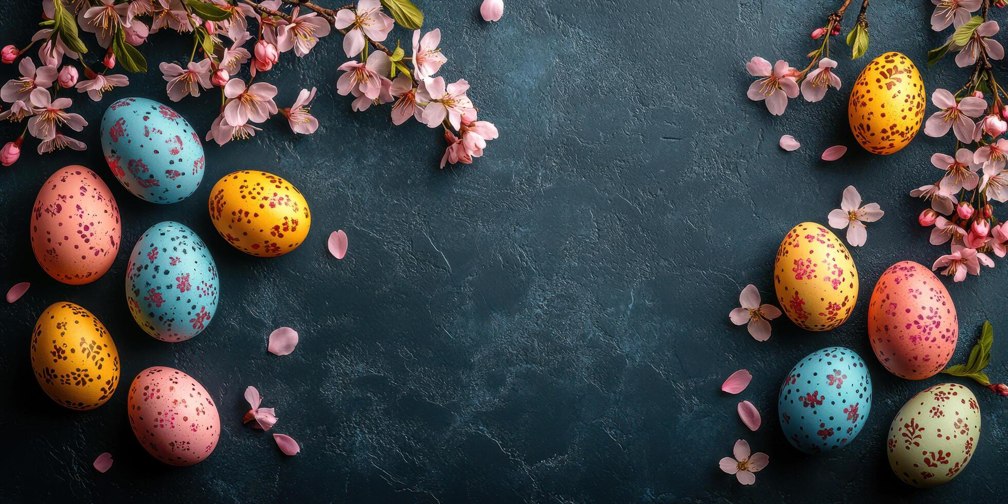 Colorful Easter eggs arranged beautifully with cherry blossoms on a dark textured background during spring celebrations photo