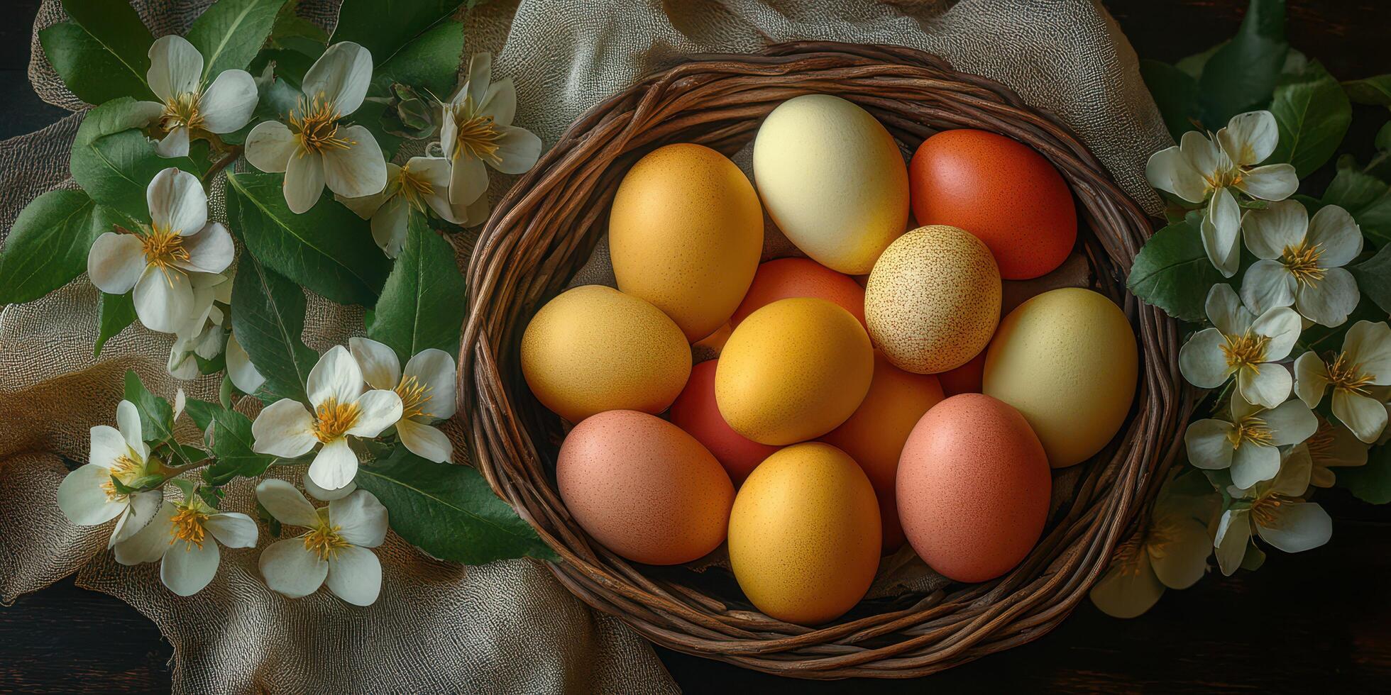 Colorful eggs arranged in a woven basket surrounded by spring flowers and greenery photo