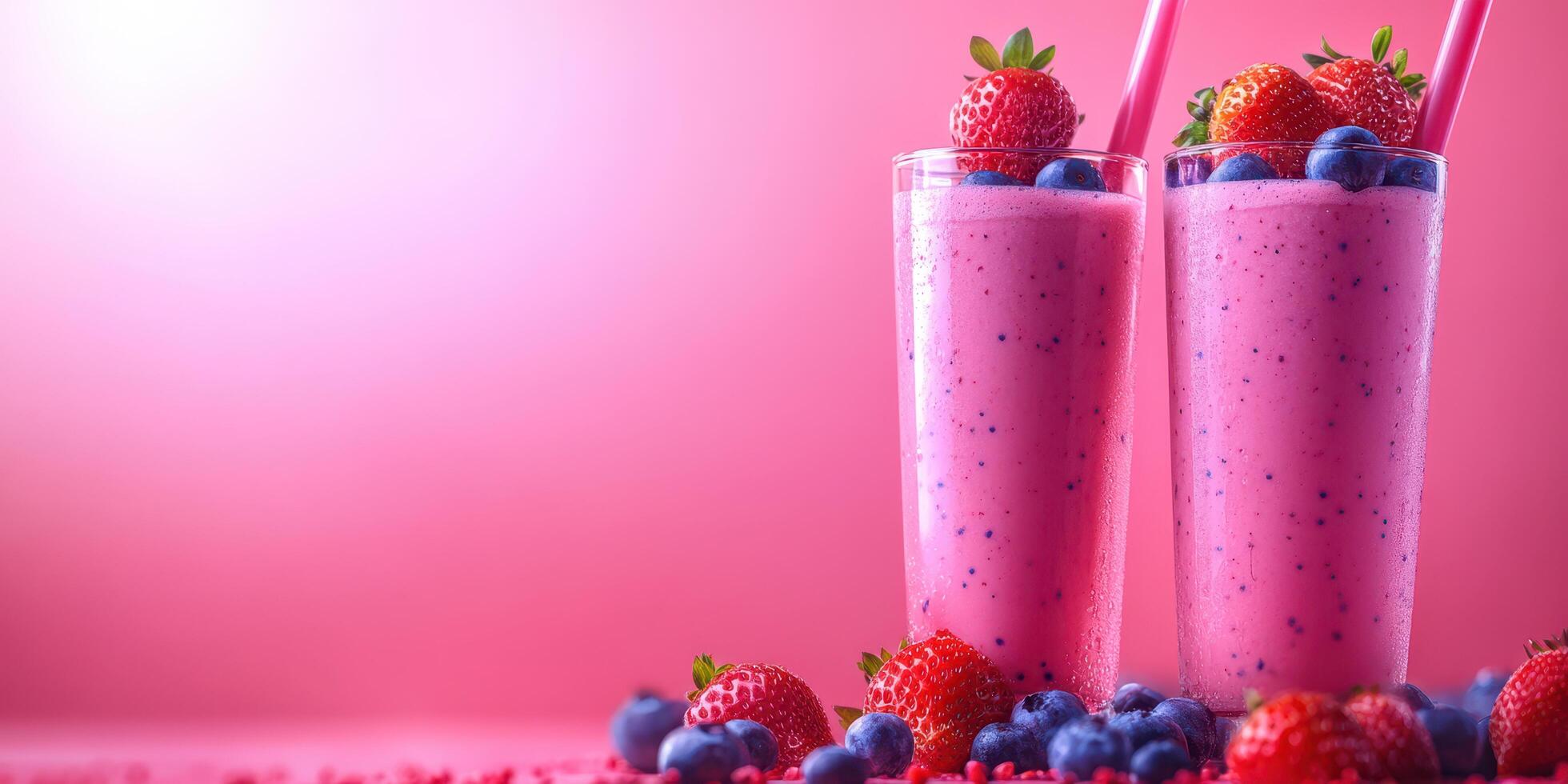 Refreshing berry smoothies served in tall glasses on a vibrant pink background with fresh fruit garnishes photo