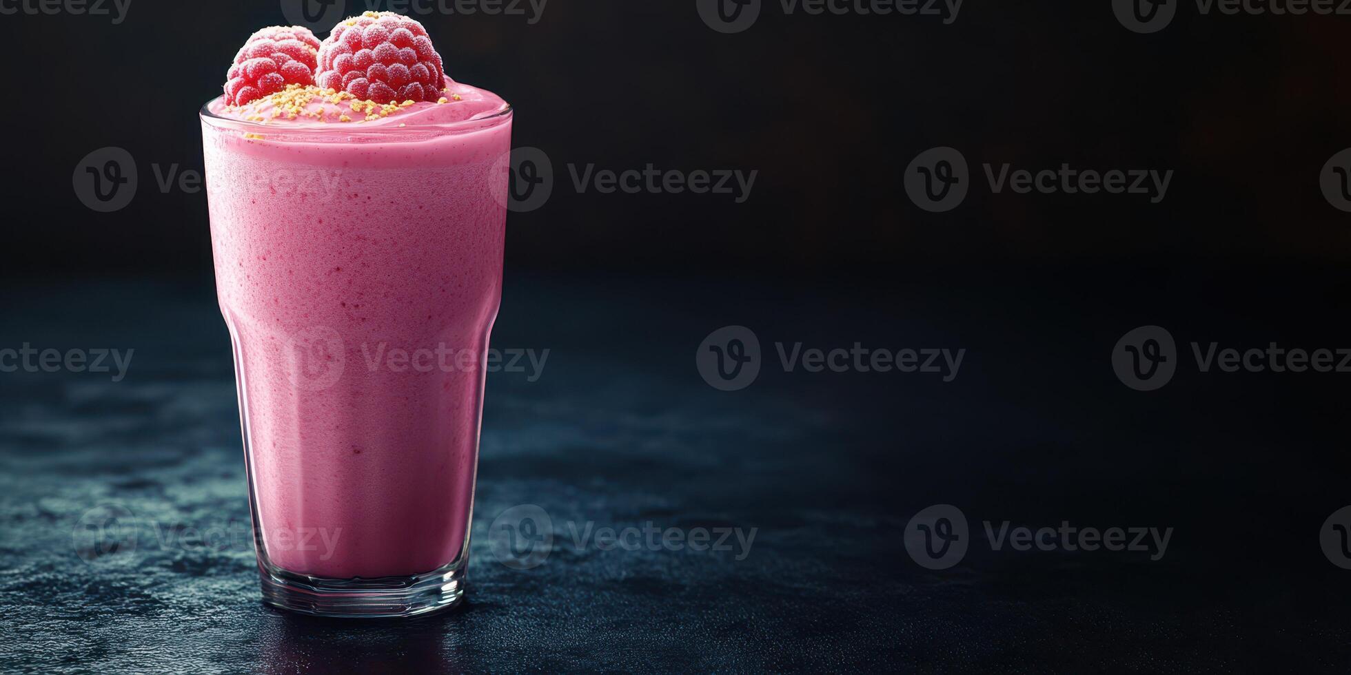 Smooth and creamy raspberry smoothie served in a glass with fresh raspberries on top photo