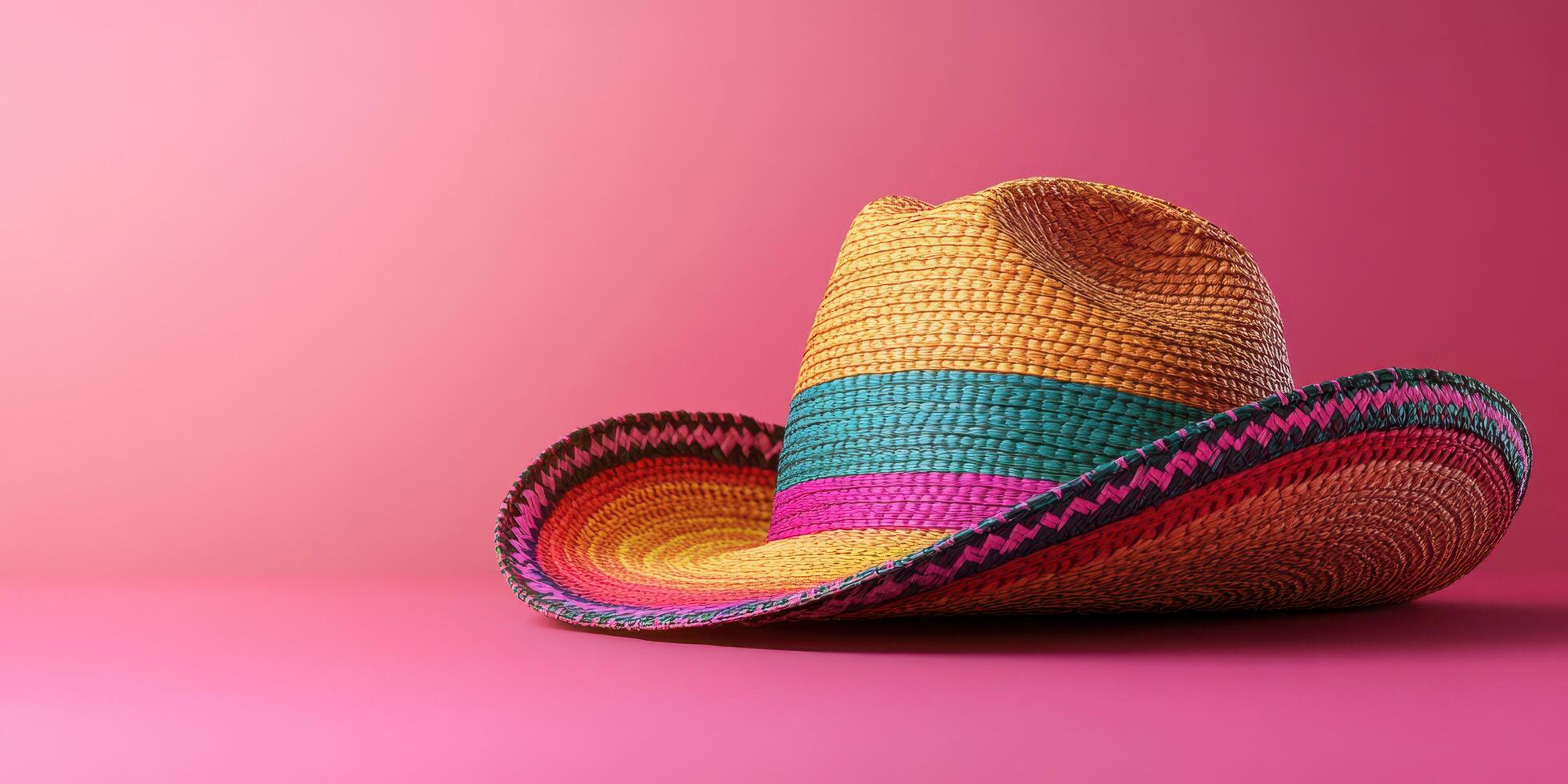 Colorful woven sombrero displayed against a vibrant pink background showcasing traditional Hispanic culture photo