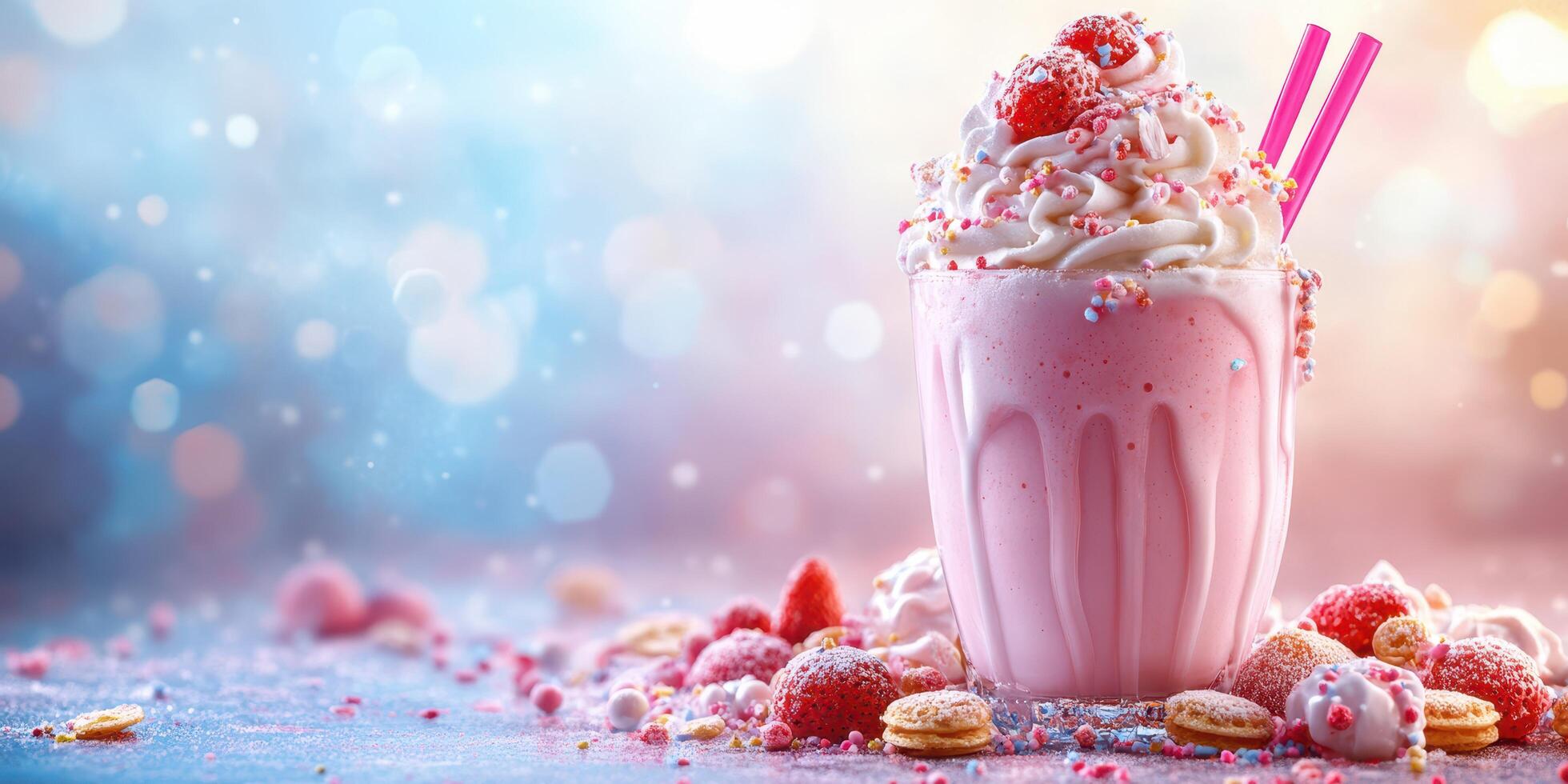 Delicious milkshake topped with whipped cream and strawberries in a vibrant setting photo