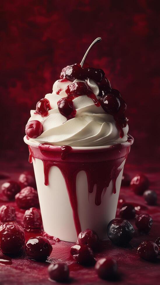 Delicious cream dessert topped with cherry sauce and berries in a vibrant red setting photo