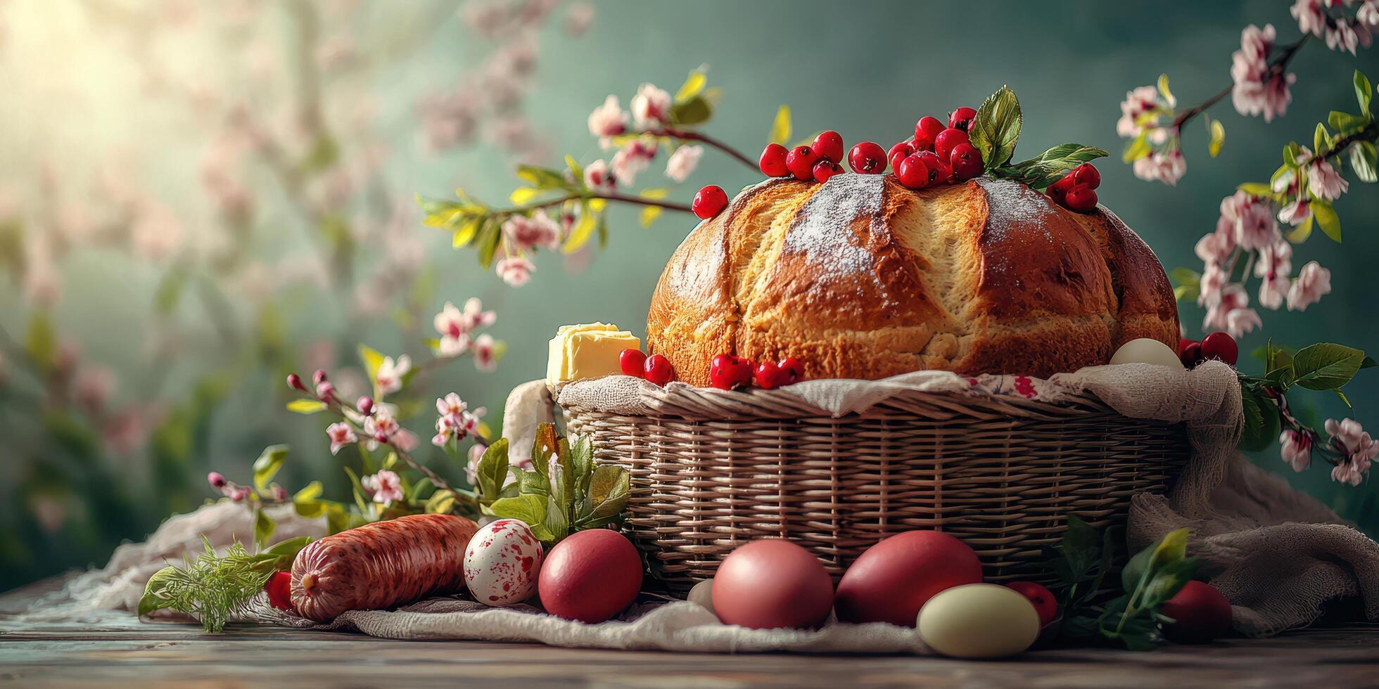 Freshly baked bread surrounded by colorful eggs and flowers in a rustic basket during spring season photo