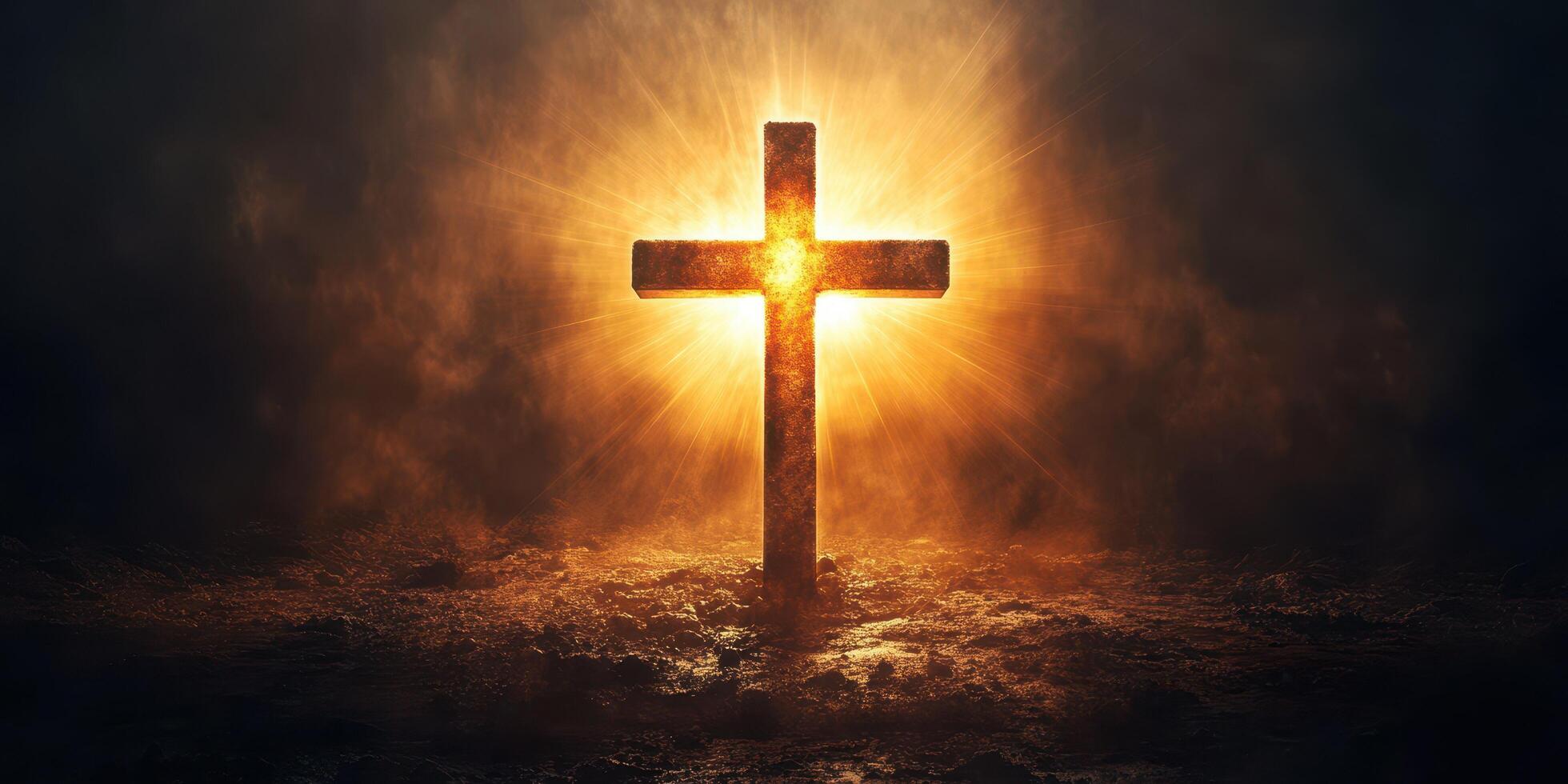 Light shines through the cross illuminating darkness in a serene setting at dusk photo