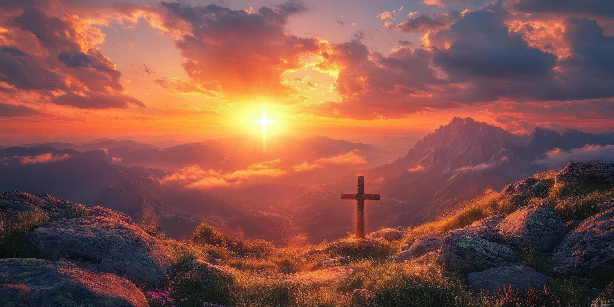Sunset over mountains with a cross on a grassy hilltop creating a serene atmosphere of reflection and peace photo