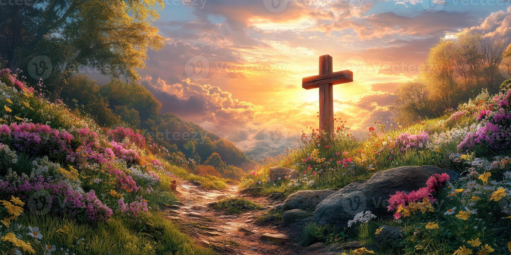 Sunset over a tranquil landscape with flowers and a cross on a peaceful path photo