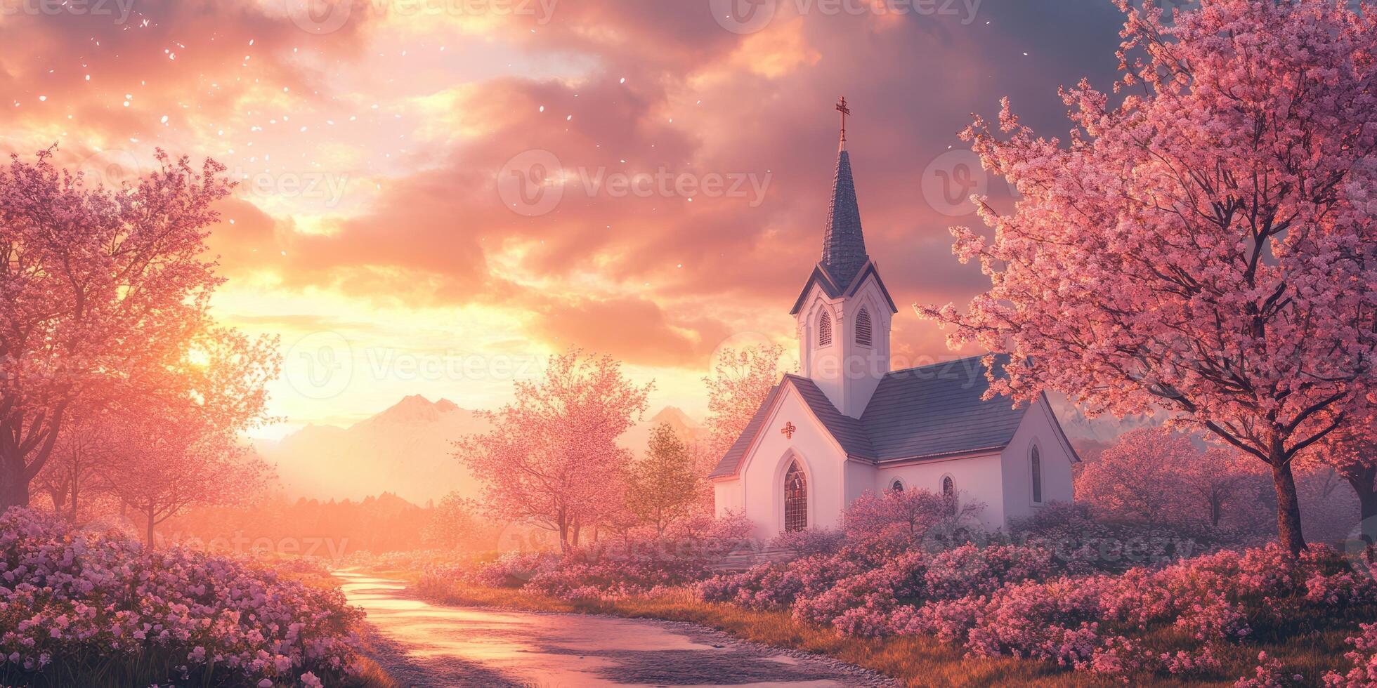 Sunrise over a quaint church surrounded by blooming cherry blossom trees in a serene landscape photo