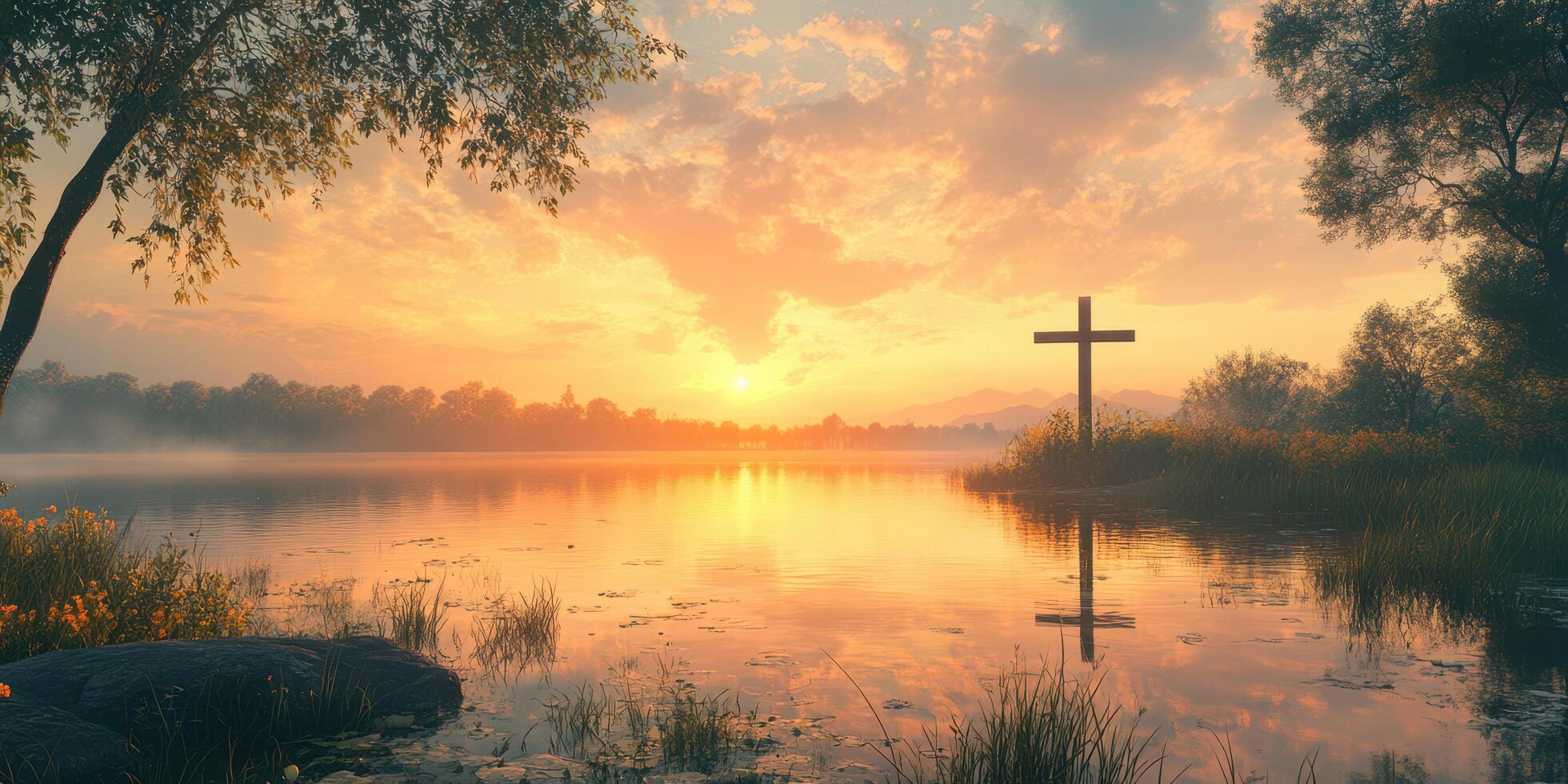 Tranquil sunset over a serene lake with a wooden cross and lush scenery photo