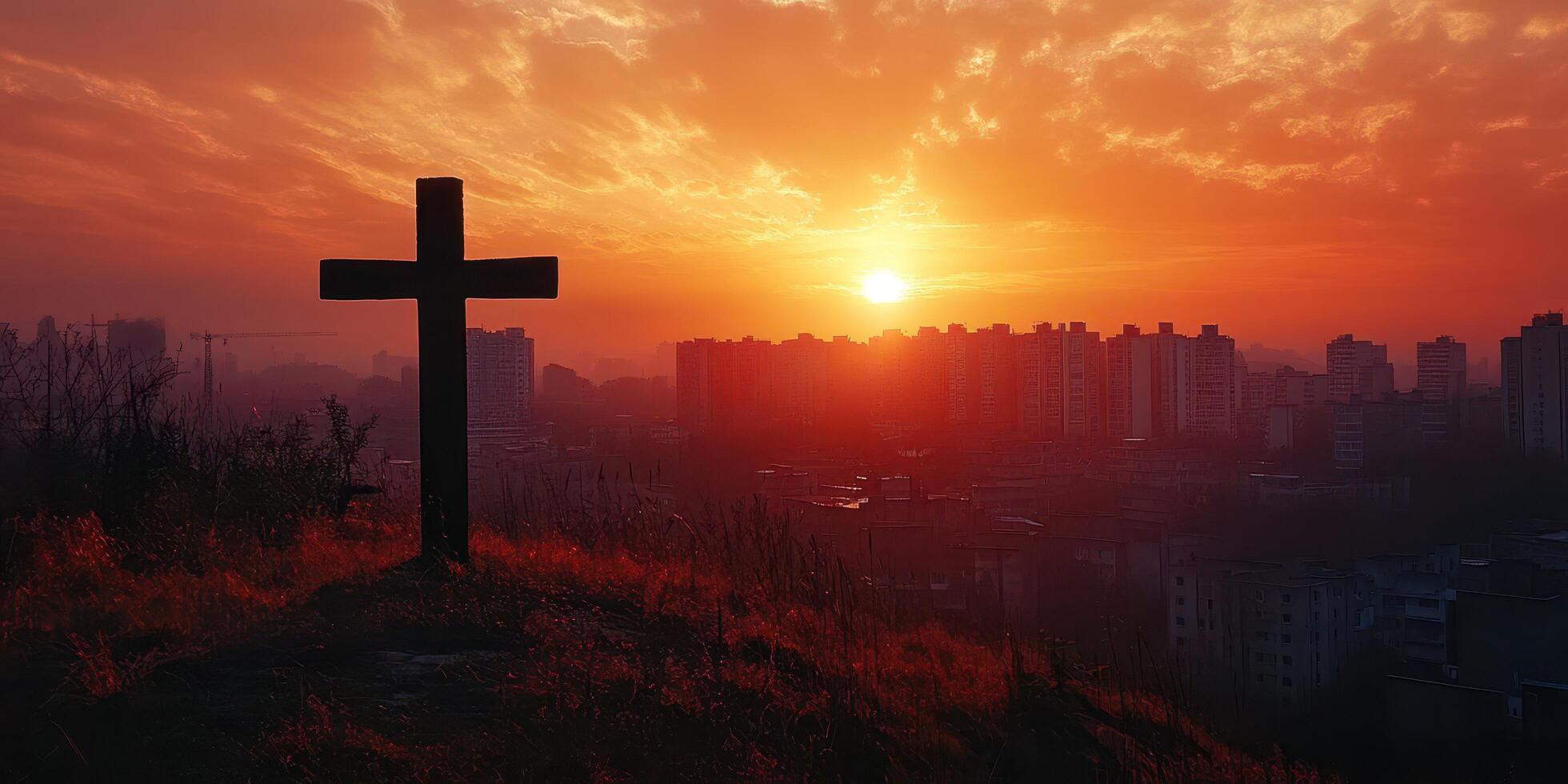 Beautiful sunset over a city skyline with a cross silhouette in the foreground photo