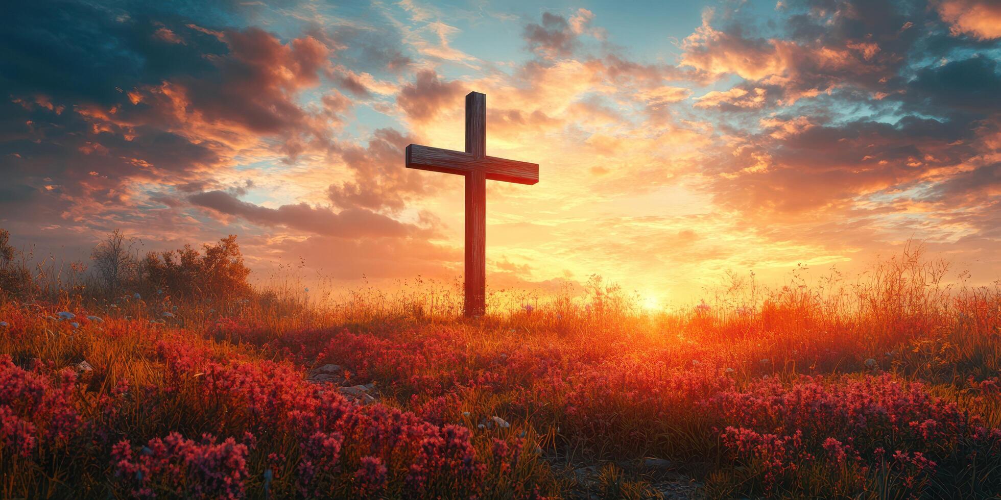 Sunset over a cross in a tranquil meadow filled with vibrant flowers and colorful clouds photo