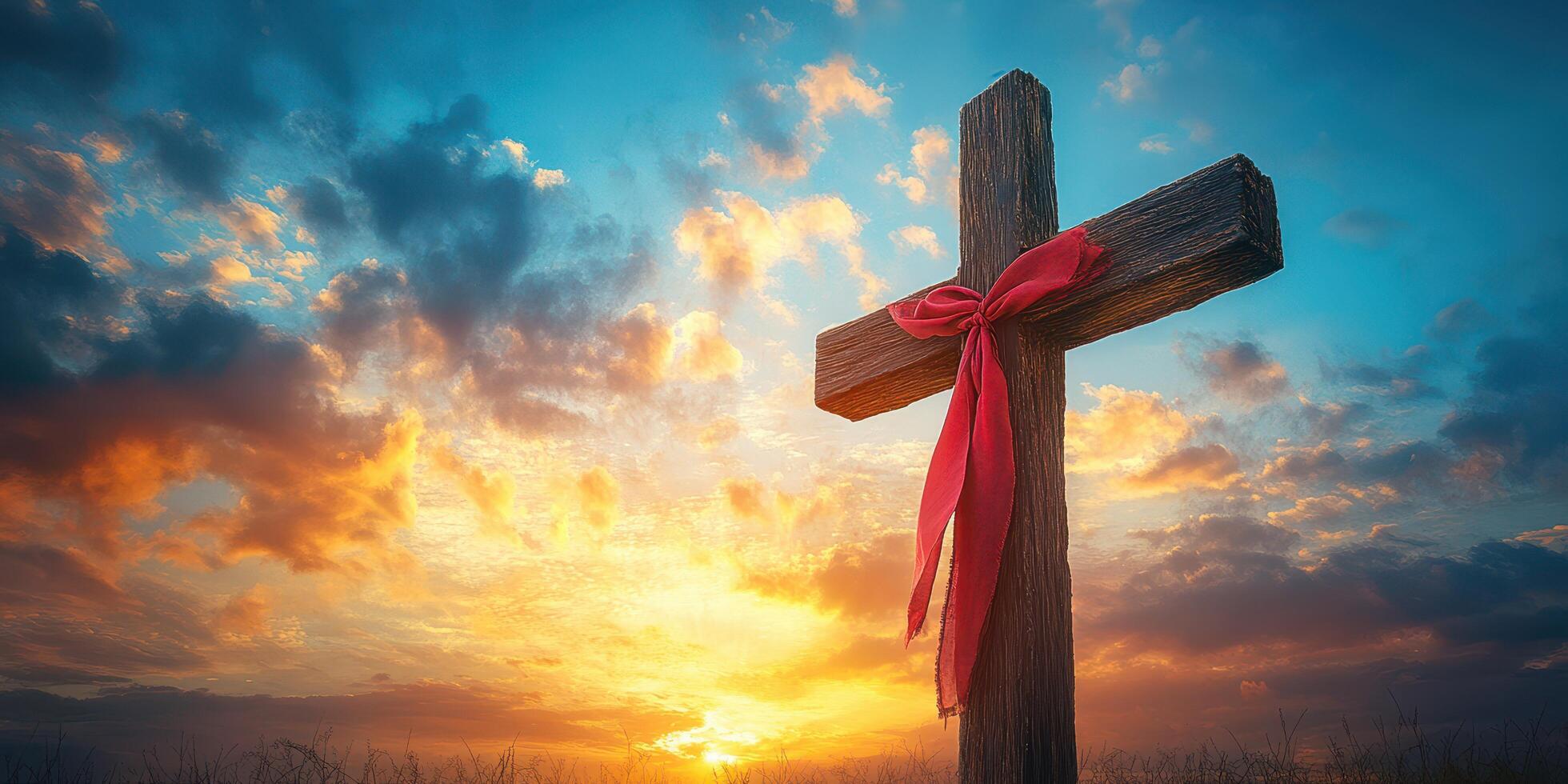 Sunset view of a wooden cross adorned with a red ribbon in a scenic landscape photo