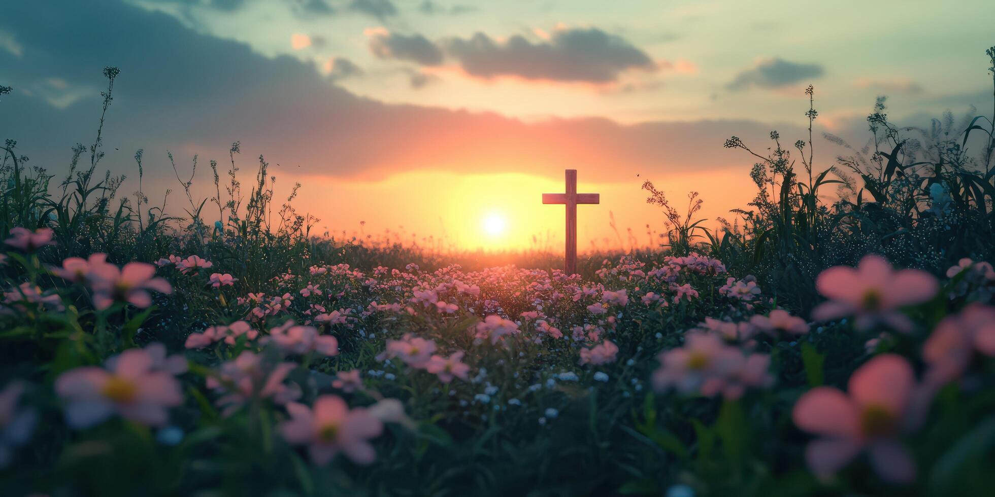 Sunset over a field of flowers with a cross marking the horizon in a serene landscape photo