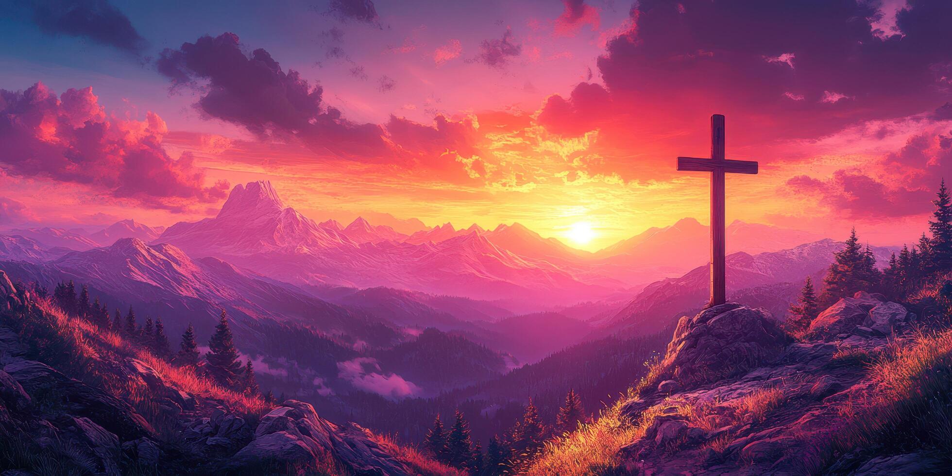 Sunset over mountains with a cross standing on a rocky ledge in a serene landscape photo