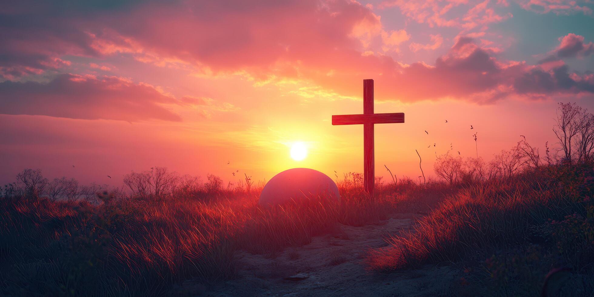 Sunset view of a cross by a tombstone in a serene landscape with vibrant colors and soft clouds photo