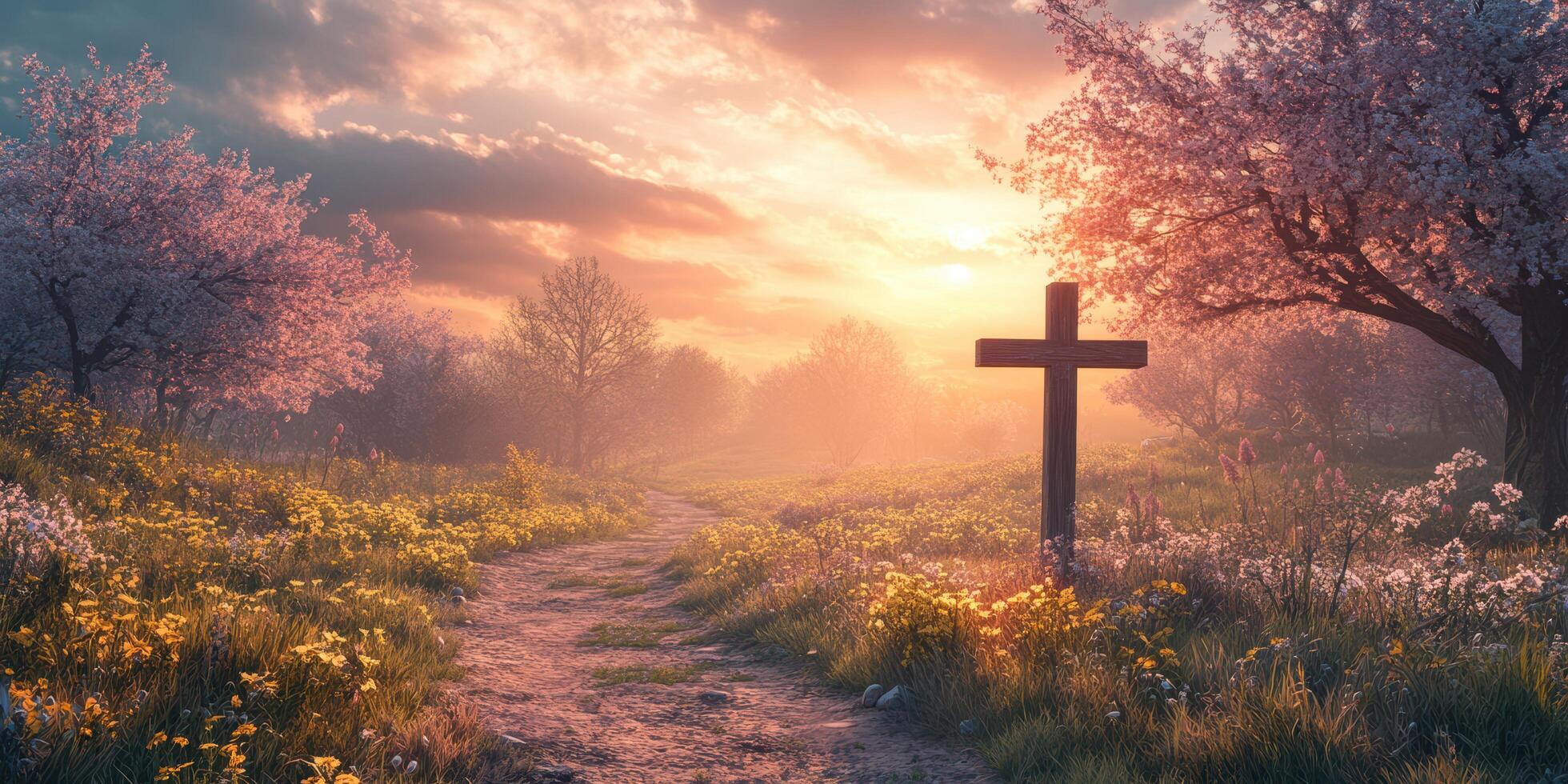 Tranquil pathway through a blossoming field at sunset with a wooden cross in the foreground photo