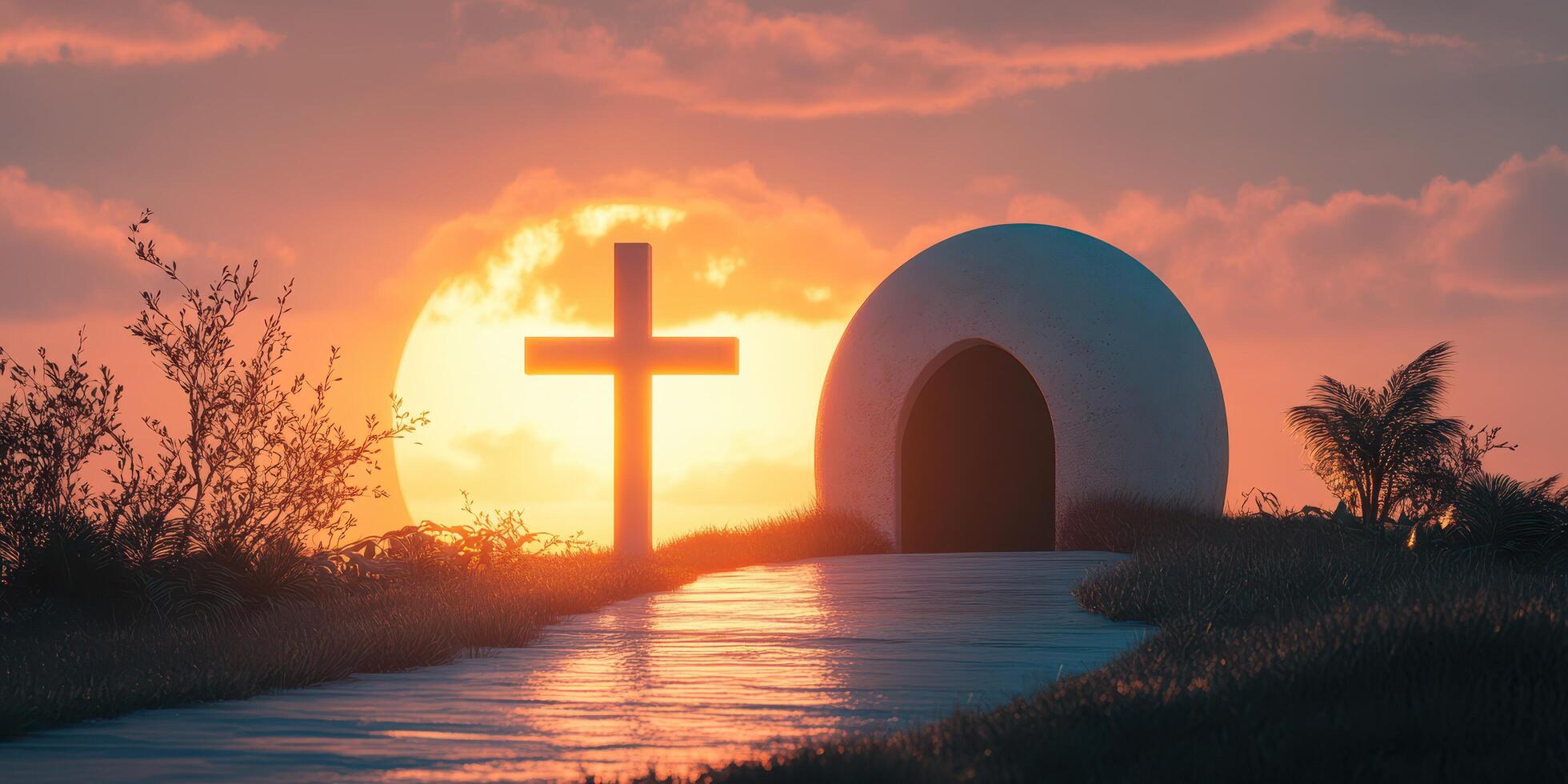 Sunset over a serene pathway leading to a small chapel with a cross on a tranquil evening photo