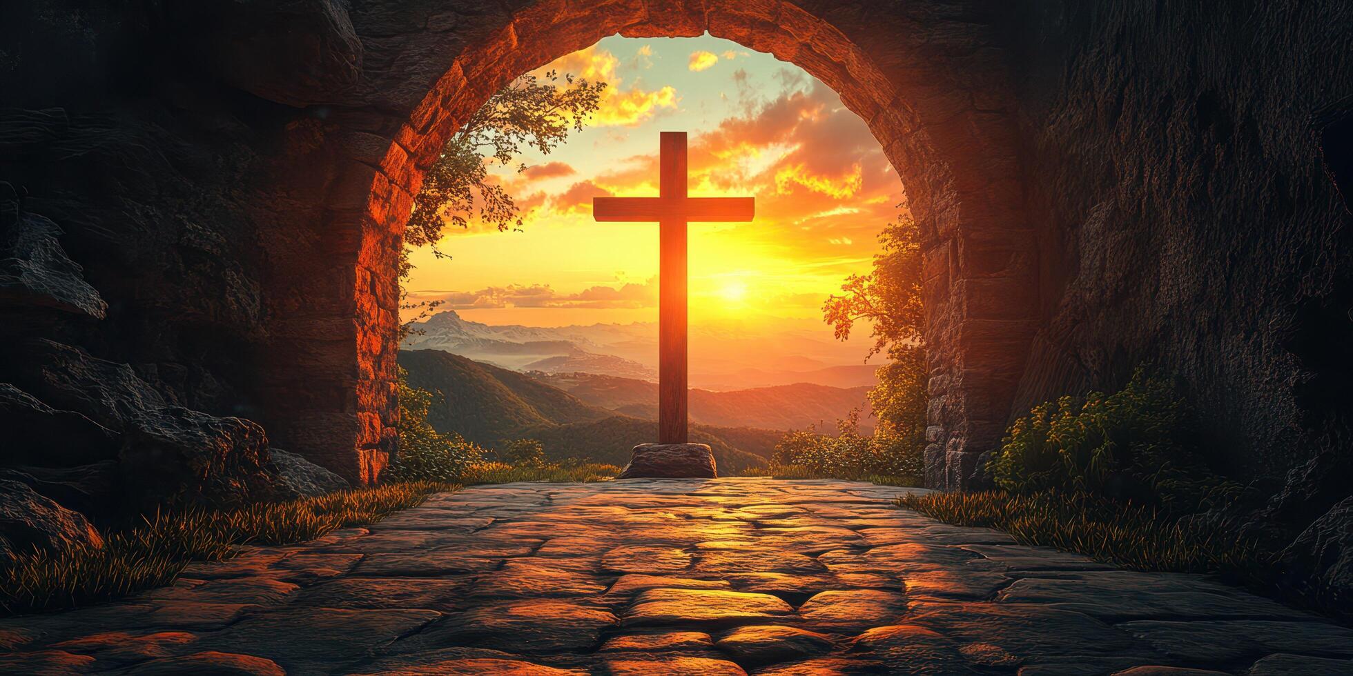 Beautiful sunset view from a stone archway with a cross on a mountain path photo