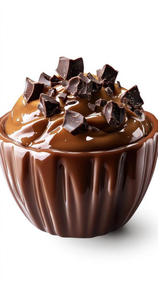 Creamy chocolate dessert topped with dark chocolate chunks in a brown bowl ready to be enjoyed photo