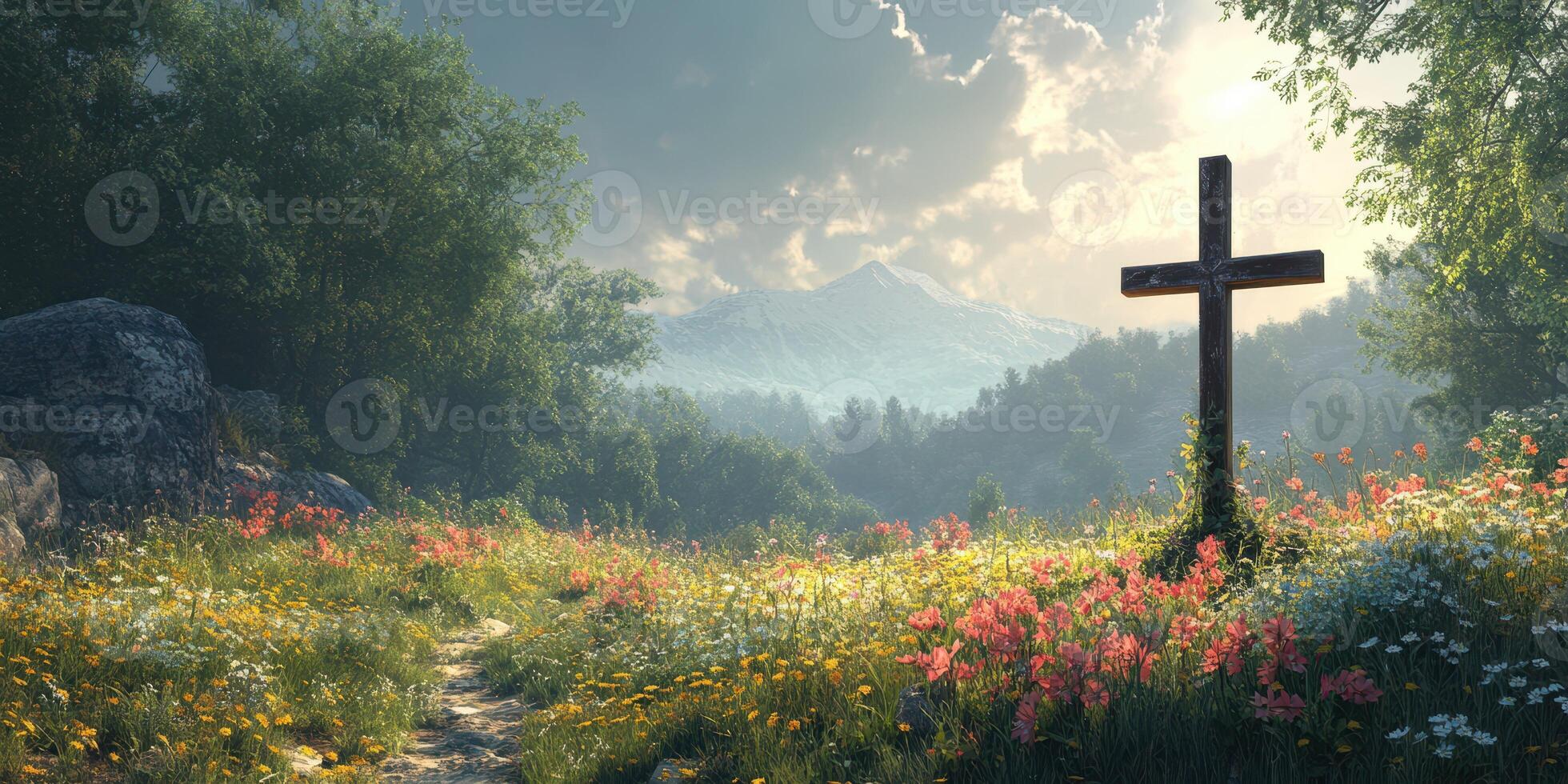 Peaceful landscape with a wooden cross surrounded by wildflowers near mountains in the afternoon sun photo