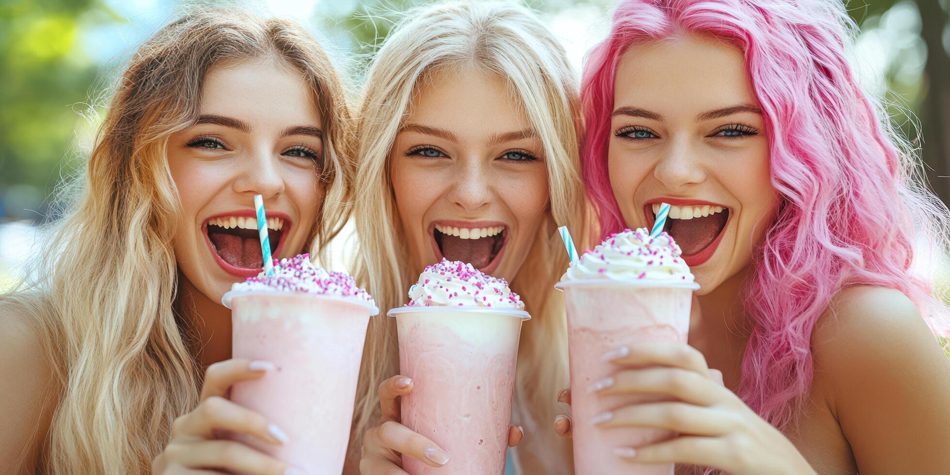 Friends enjoy colorful milkshakes in a sunny park during a cheerful summer afternoon photo