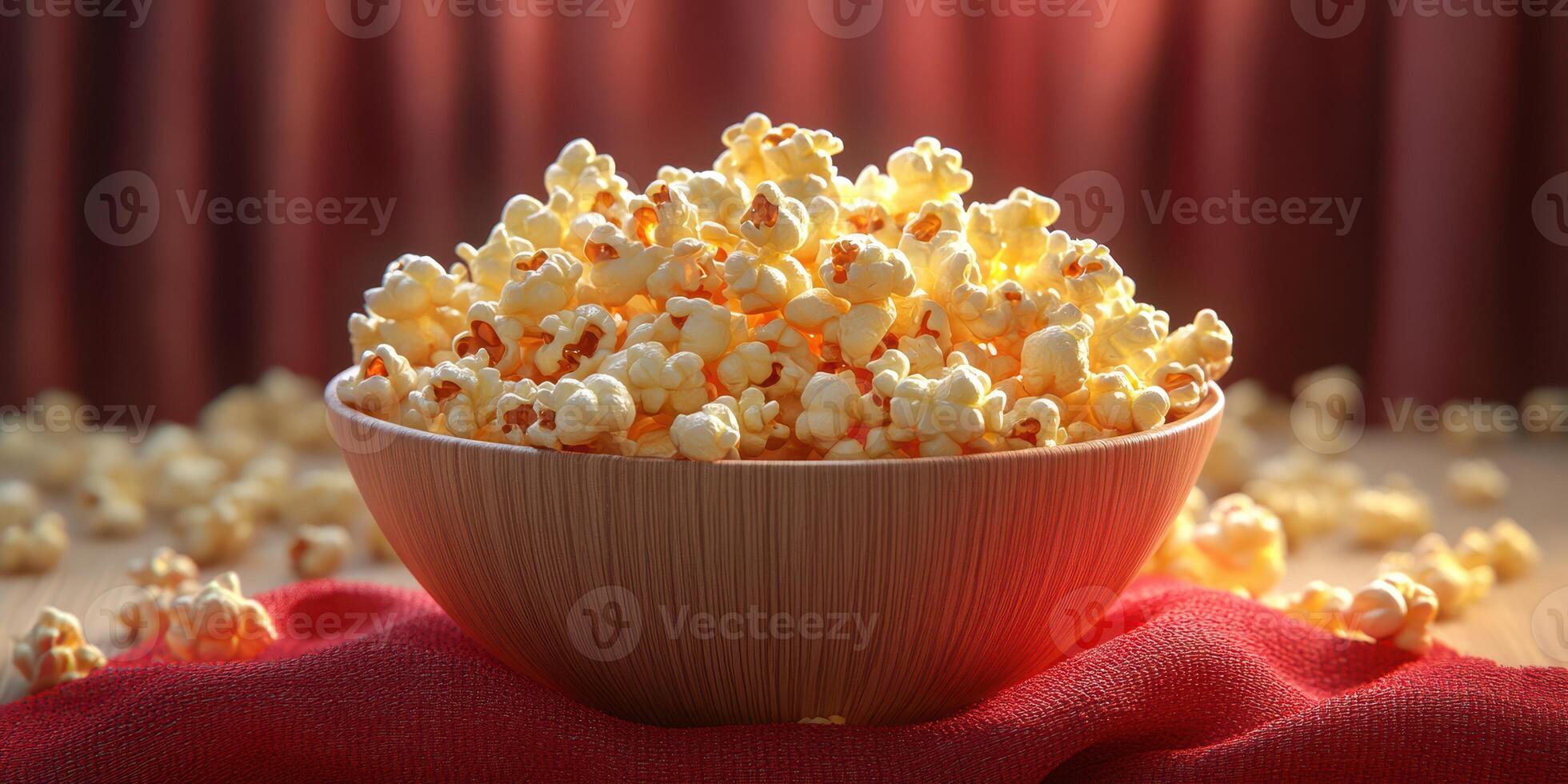 Bowl of freshly popped popcorn surrounded by scattered kernels on a warm red cloth in a cozy setting photo