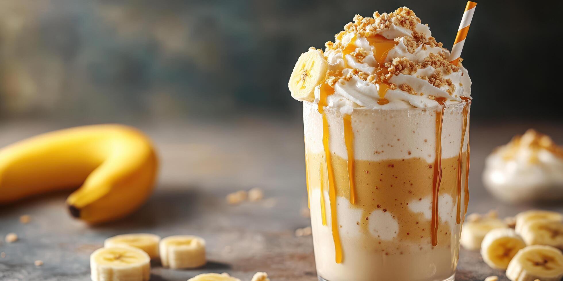 Delicious banana milkshake topped with whipped cream, caramel, and granola on a rustic table photo