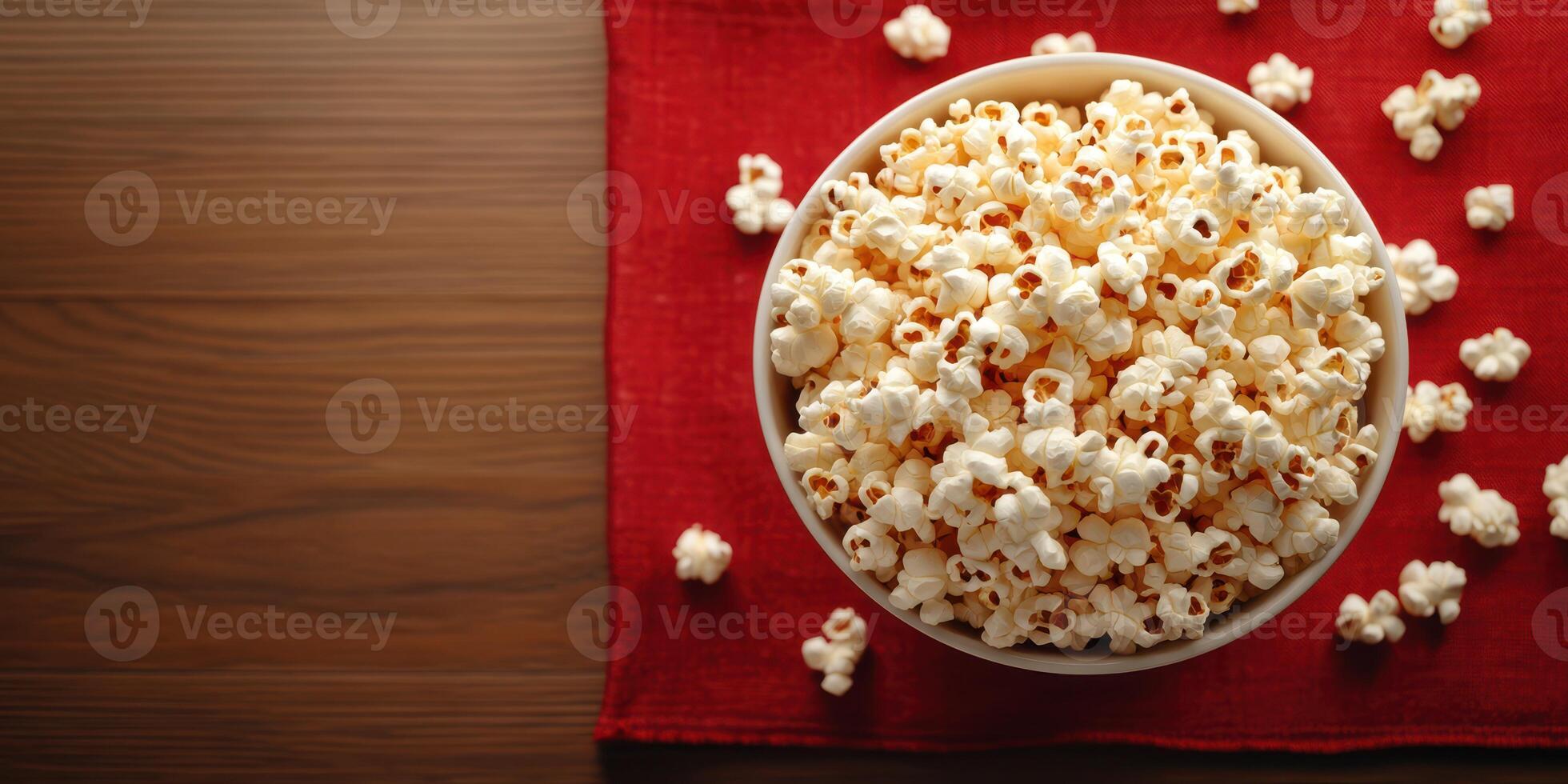 Bowl of freshly popped popcorn on a wooden table with a red cloth, ideal for movie nights or gatherings photo