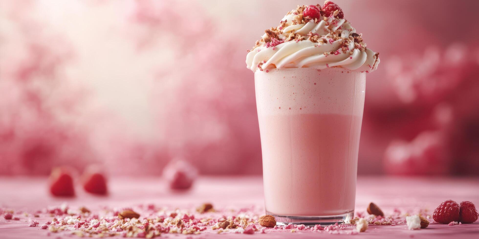 Freshly made raspberry milkshake topped with whipped cream and crunchy garnishes served in a glass photo