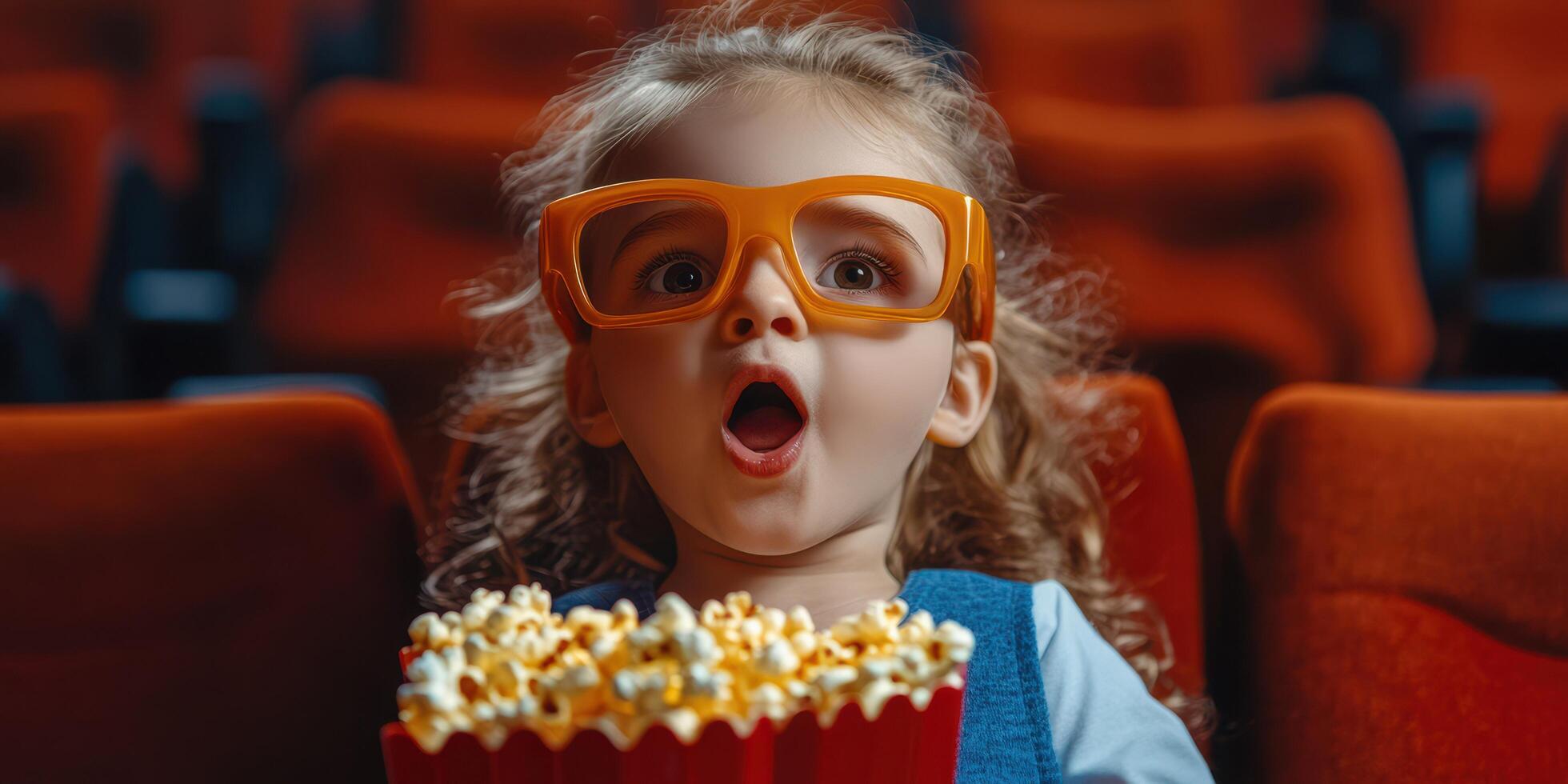 Excited child wearing oversized glasses enjoys a movie while holding a large popcorn container photo