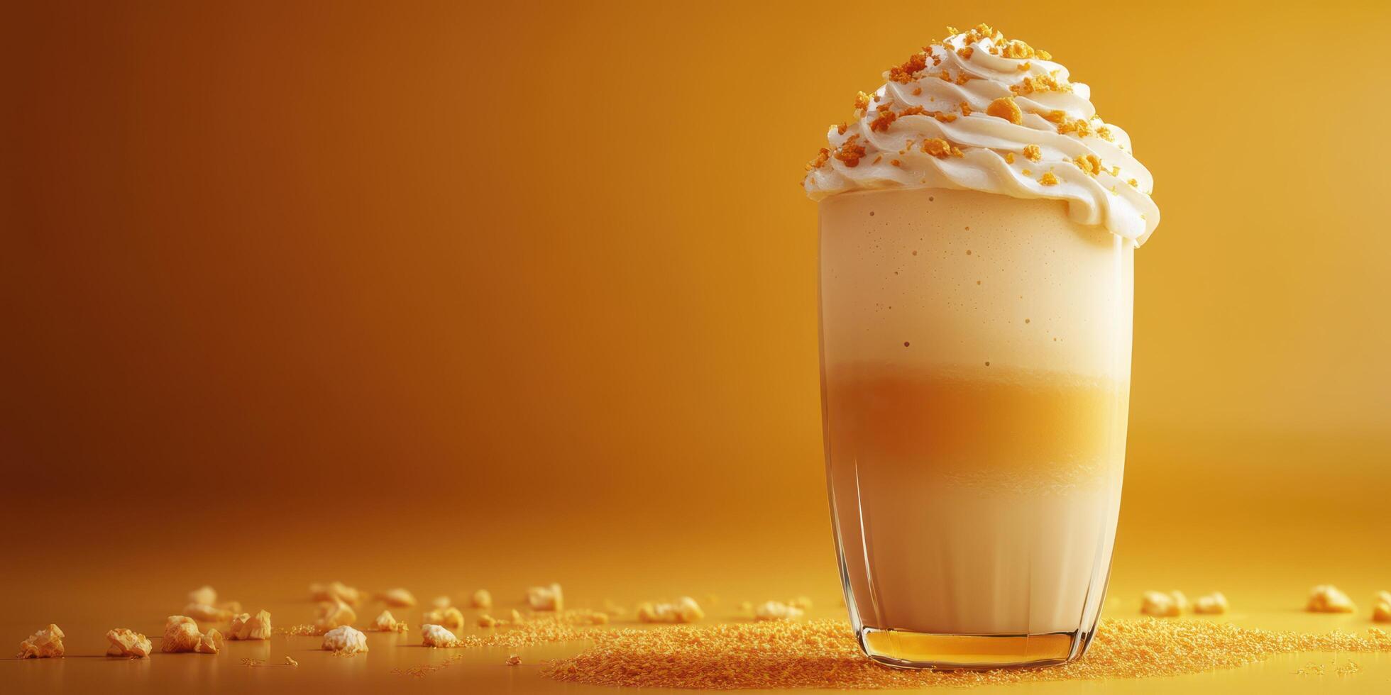 Creamy dessert beverage topped with whipped cream and caramel, surrounded by popcorn on a golden surface photo