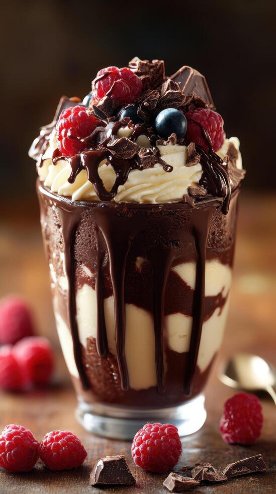Chocolate dessert with layers of cream, chocolate sauce, and fresh berries presented on a wooden table photo