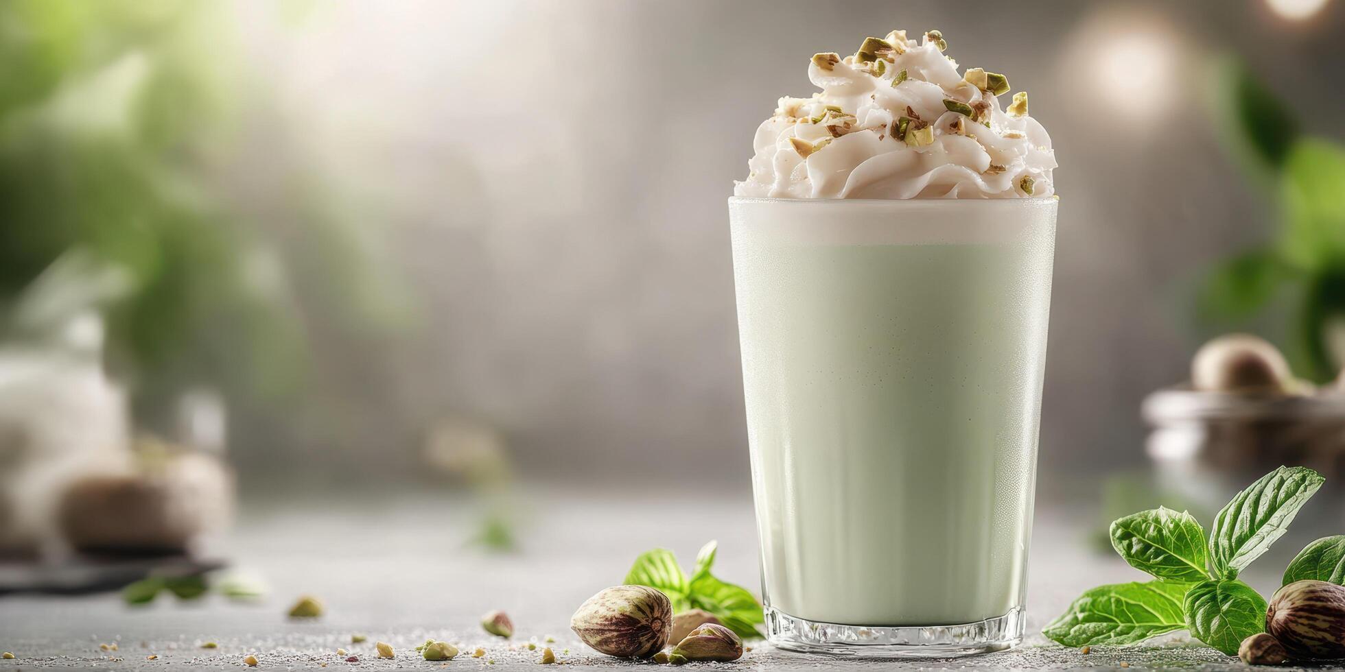 Frosty mint drink topped with whipped cream and garnished with nuts displayed in a cozy setting photo