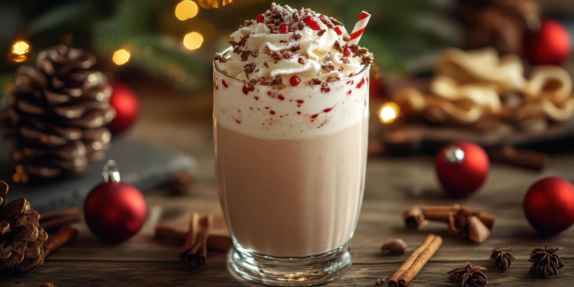 Festive holiday drink with whipped cream and toppings served on a wooden table with decorations and seasonal elements in the background photo