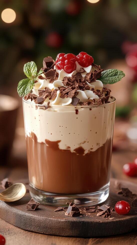 Decadent chocolate dessert topped with whipped cream, chocolate shavings, and fresh berries on a wooden table photo