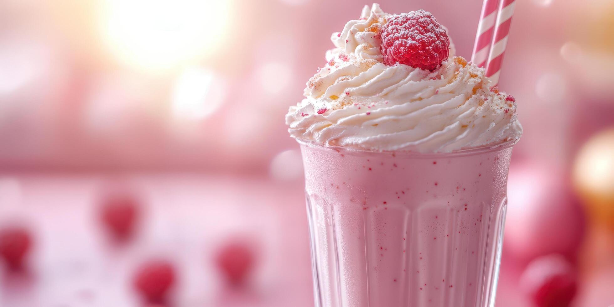 Delicious pink raspberry milkshake with whipped cream and a cherry on top in a glass photo