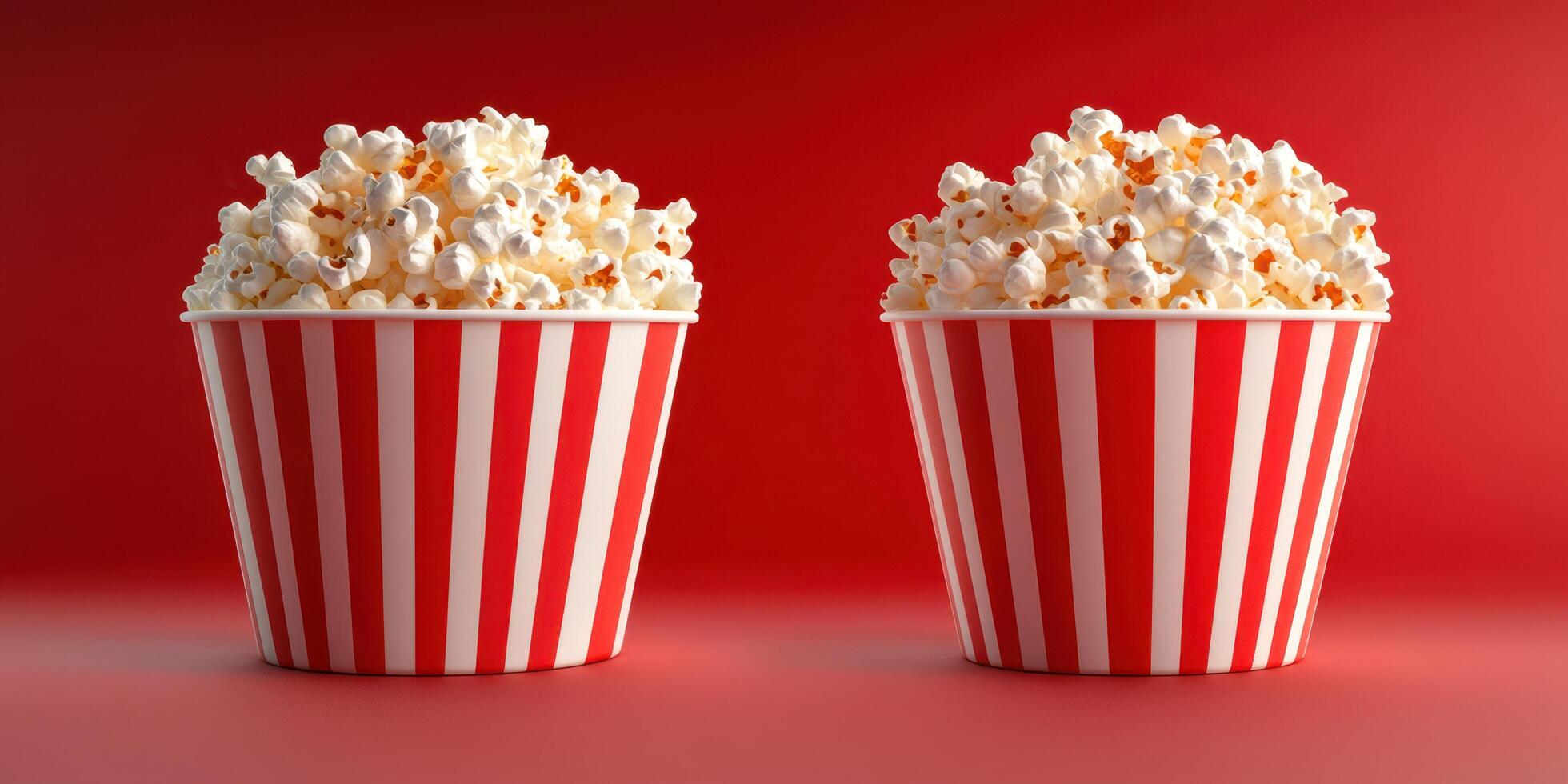 Brightly colored striped popcorn buckets filled with fluffy popcorn against a vibrant red background create a fun and inviting snack scene photo