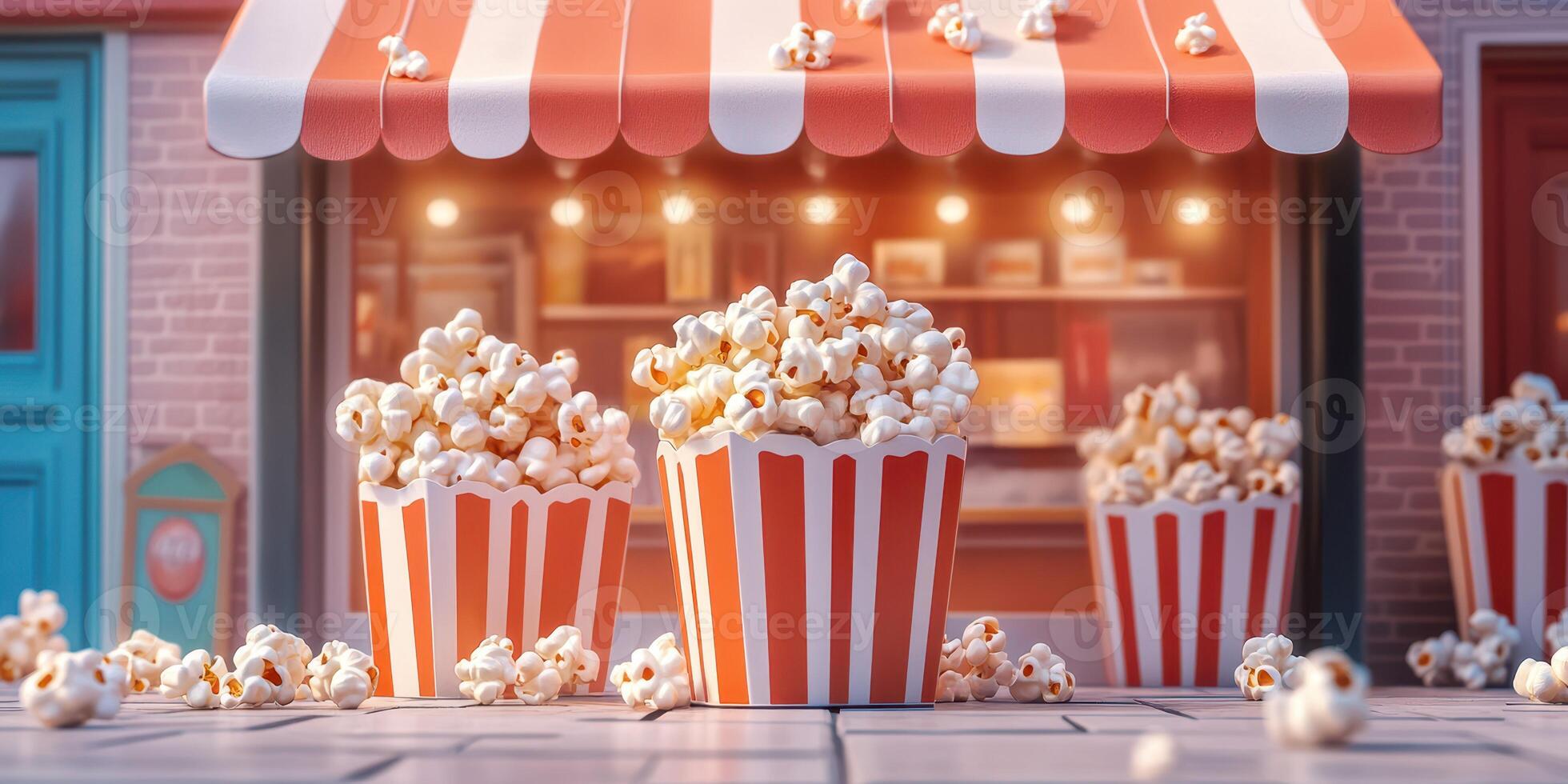 Popcorn shop overflowing with fresh popcorn and a vibrant storefront in a lively urban setting photo