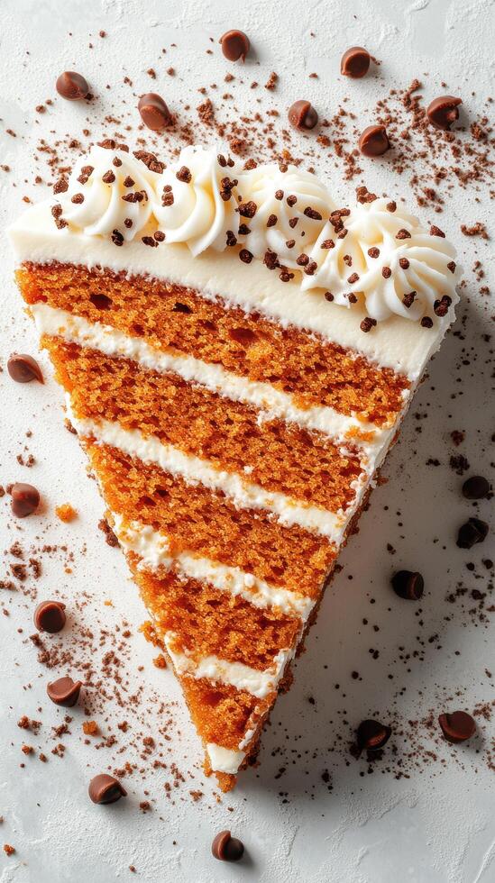 Delicious slice of layered carrot cake with cream icing and chocolate sprinkles on a white plate photo