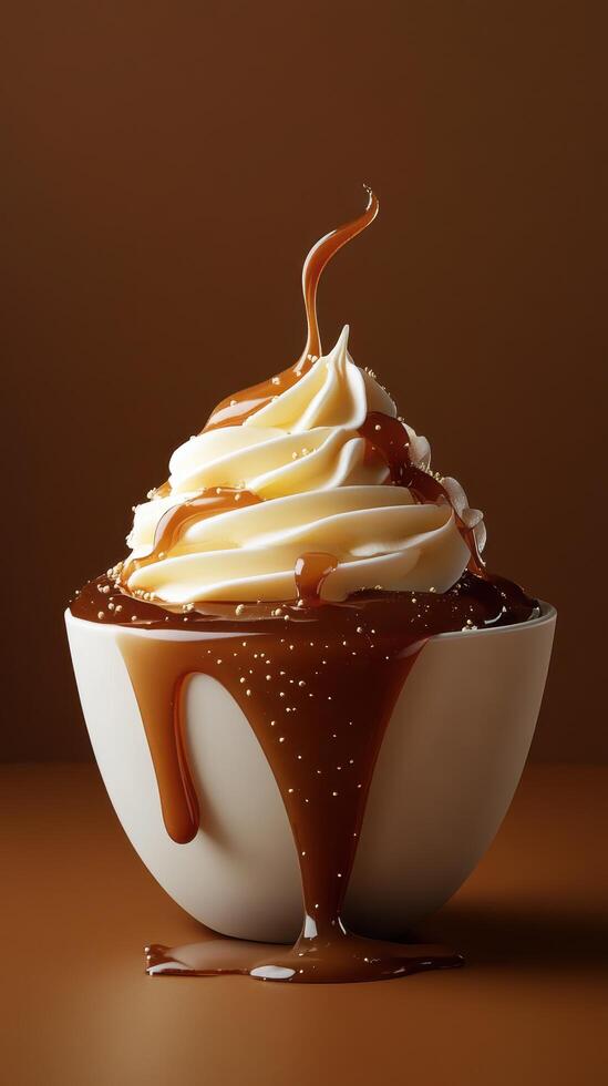 Delicious dessert featuring creamy soft serve topped with rich caramel sauce and sprinkled with sea salt photo
