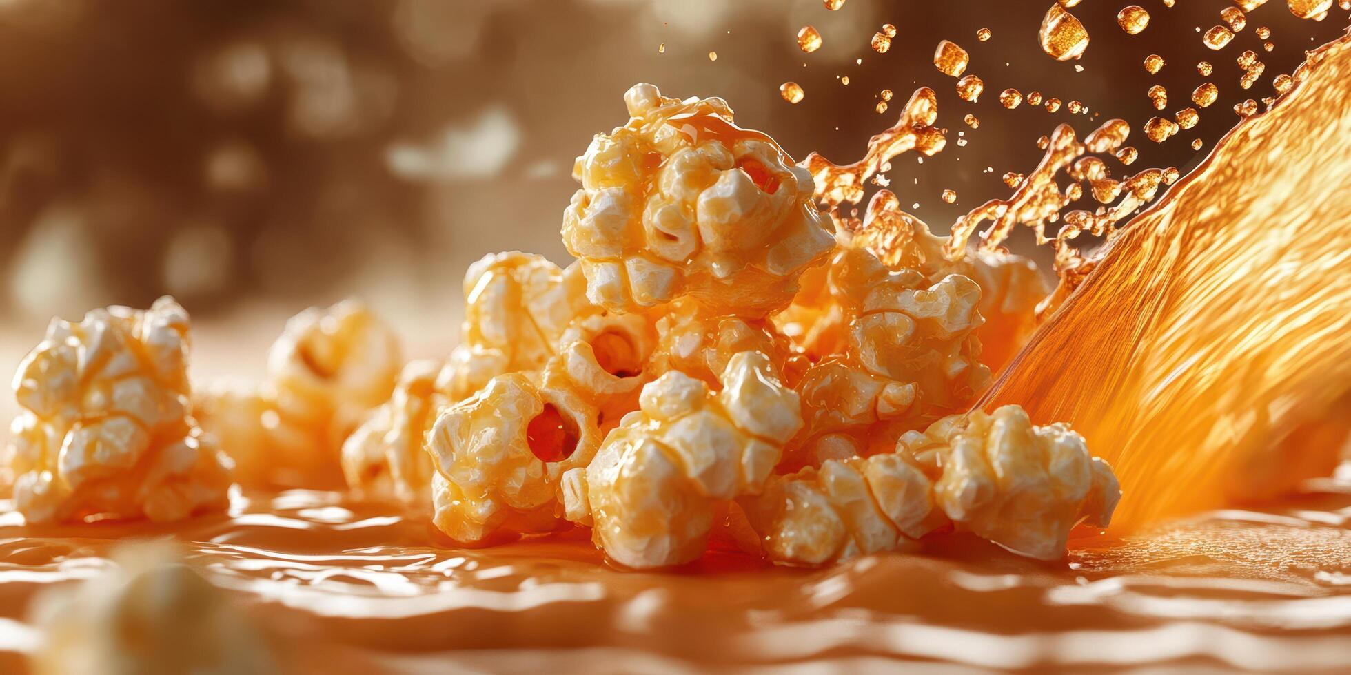 Delicious popcorn splashes in caramel sauce creating a tempting dessert experience photo