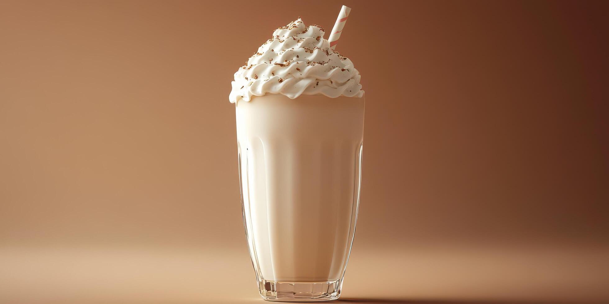 Creamy milkshake topped with whipped cream served in a tall glass with a straw on a warm background photo