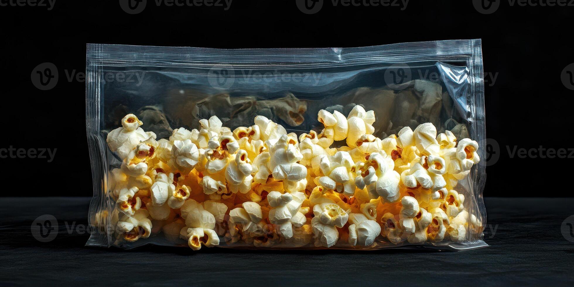 Freshly popped popcorn in a clear bag ready for movie night or snacking on a cozy evening photo