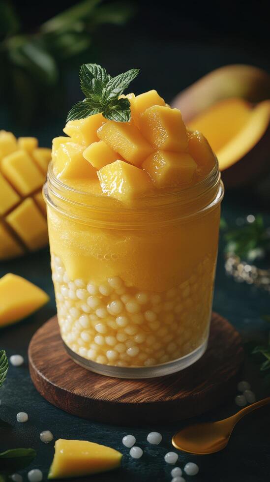 Delicious mango dessert with tapioca pearls and fresh mint garnish on a wooden plate photo