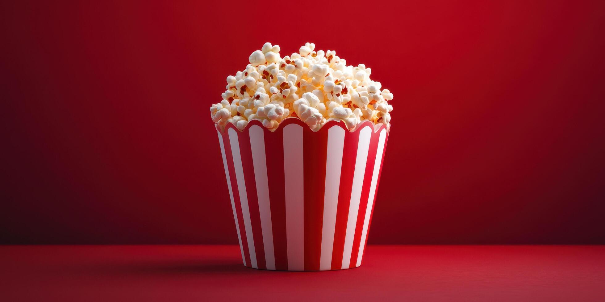 Classic striped popcorn bucket filled with fluffy popcorn against a vibrant red background photo