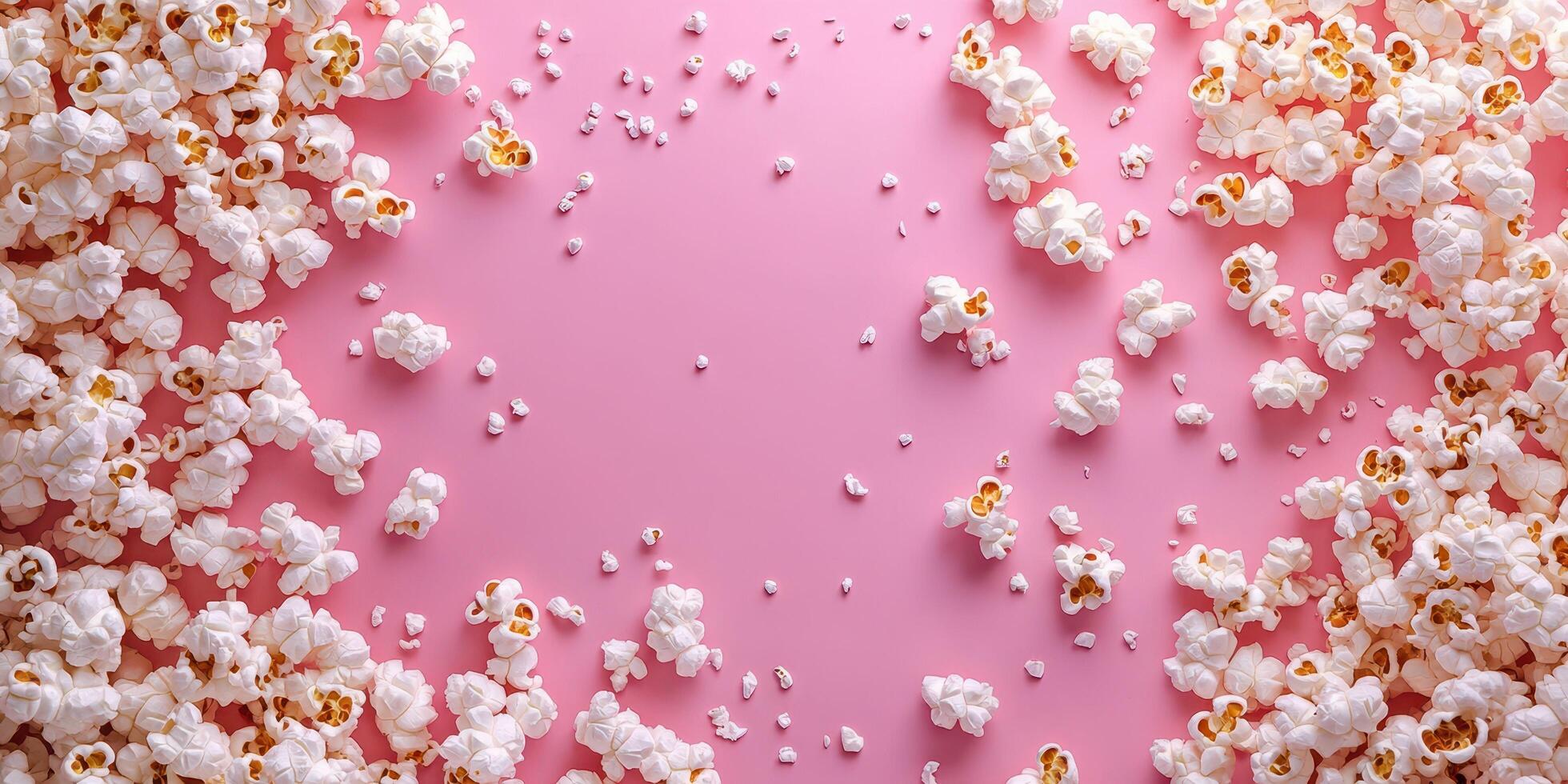 Popcorn scattered on a pink background creating a playful and vibrant atmosphere for snacks or events photo