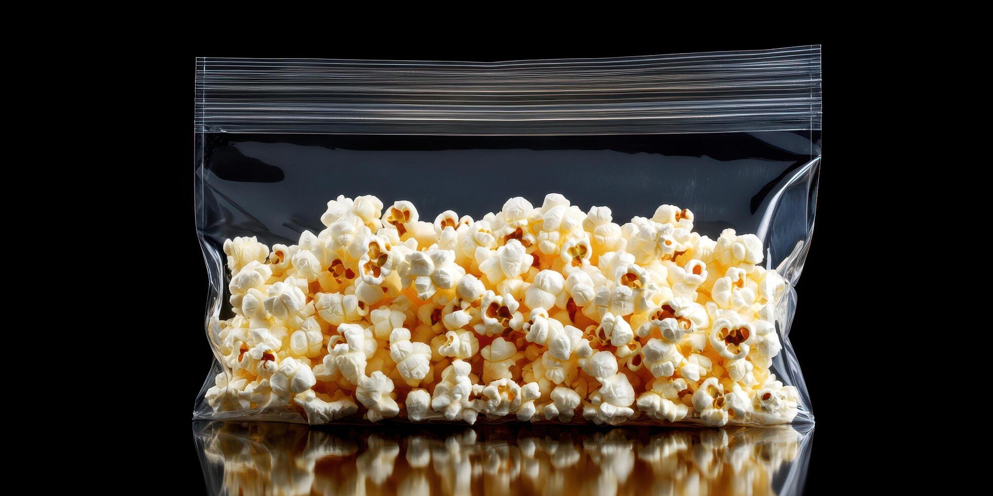 Freshly popped popcorn in a clear bag on a dark reflective surface ready for snacking during movie night photo