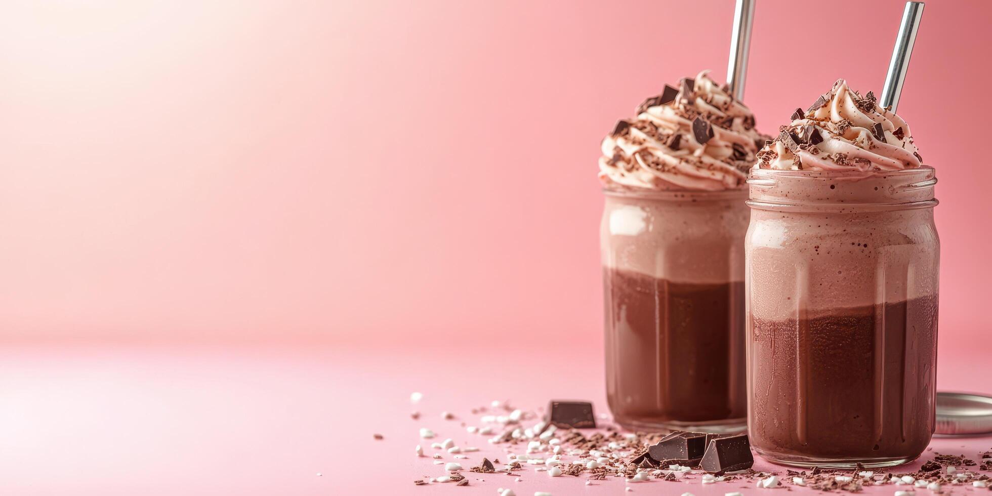 Rich chocolate milkshakes topped with whipped cream and chocolate shavings on a pastel background photo