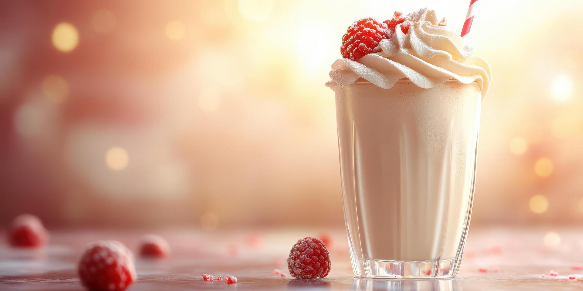 Creamy milkshake topped with whipped cream and fresh raspberries on a bright summer day photo