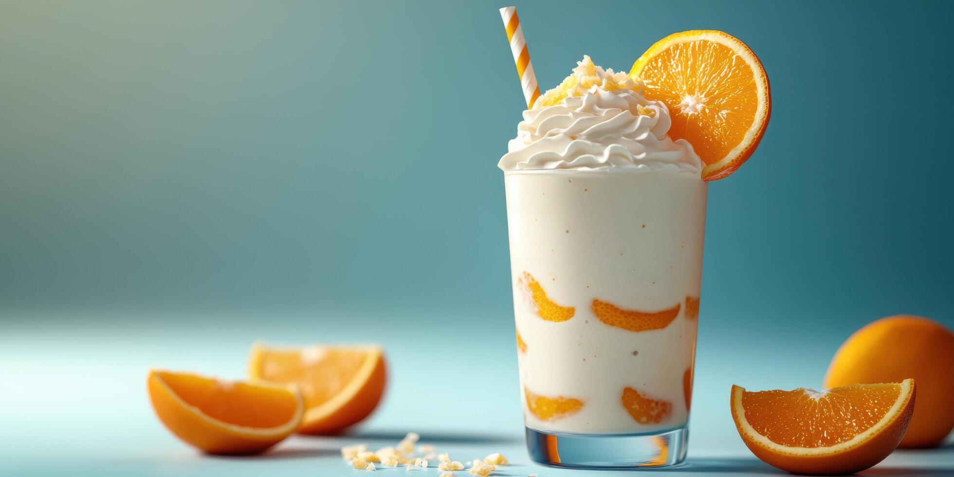 Delicious orange smoothie topped with whipped cream and garnished with orange slices on a vibrant blue background photo